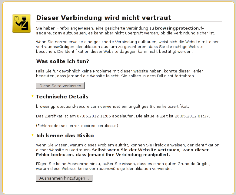 SSL-Zertifikat von browsingprotection.f-secure.com seit über 2 Wochen abgelaufen